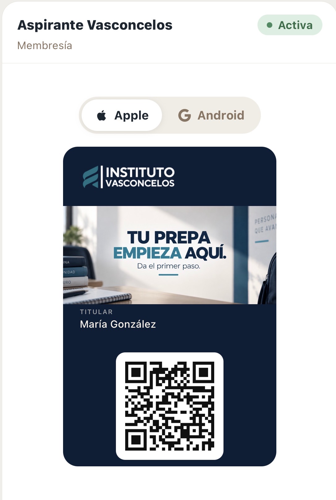 Pase de aspirante Vasconcelos en Apple Wallet, con fotografía institucional, titular y código QR