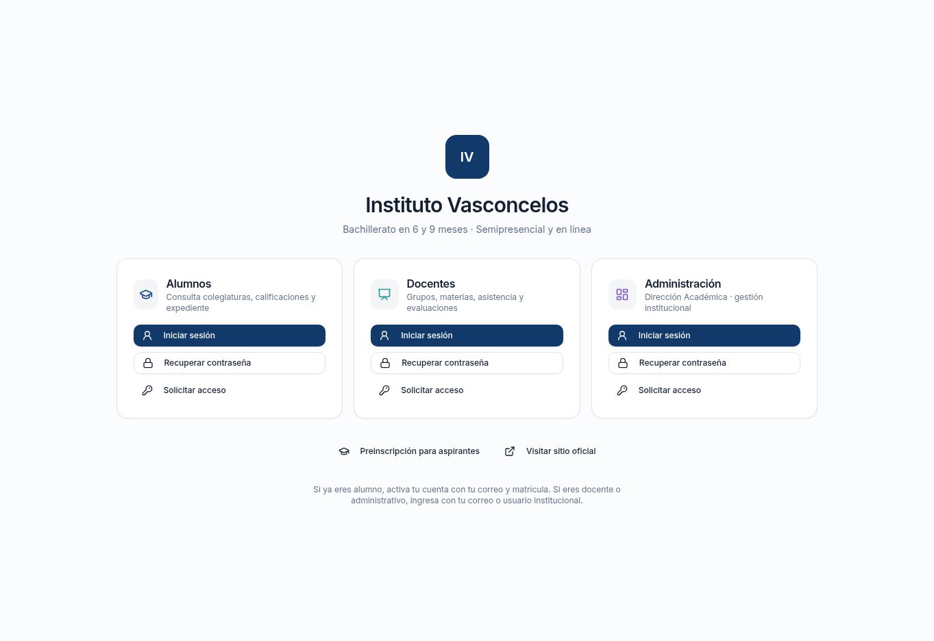 Captura real de la pantalla pública de Portal Vasconcelos con accesos para alumnos, docentes y administración