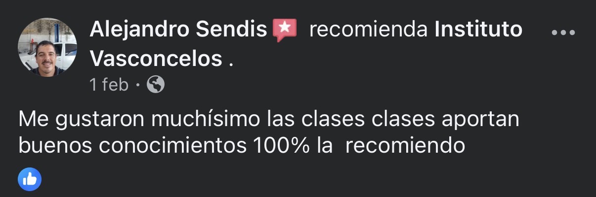 Facebook: Alejandro Sendis recomienda Instituto Vasconcelos. Me gustaron muchísimo las clases clases aportan buenos conocimientos 100% la recomiendo
